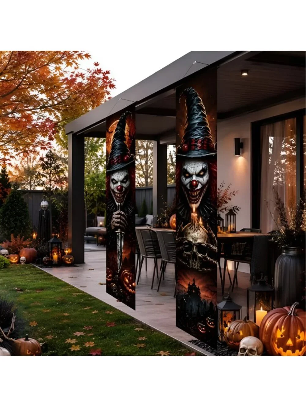 2PCS Halloween Porch Banner Decorations Scary Evil Clown Front Door Signs for